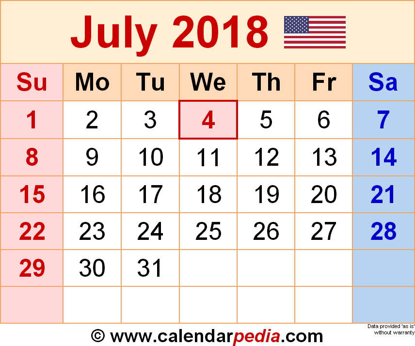 July 2018 Calendar | Templates for Word, Excel and PDF