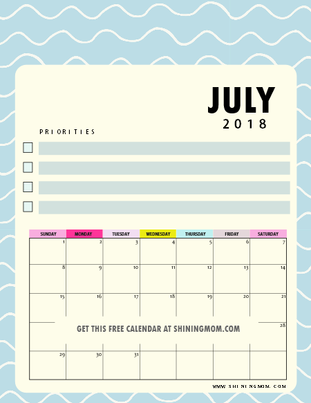 Free Printable July 2018 Calendar: 12 Awesome Designs!
