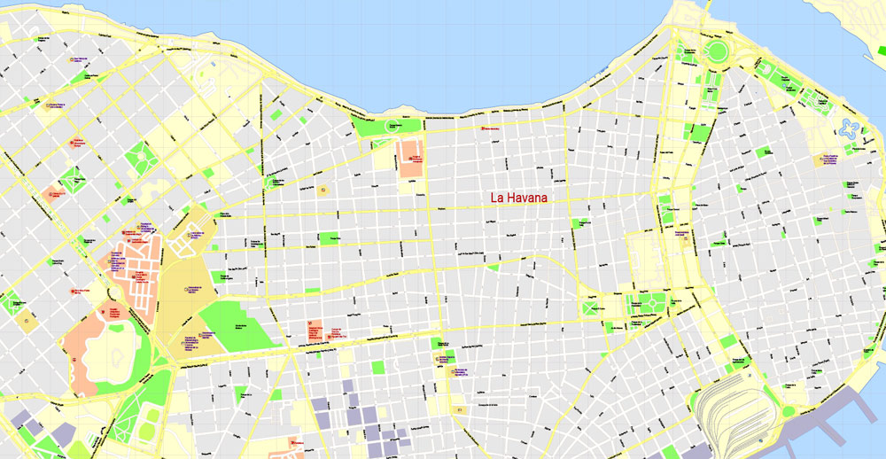 Havana PDF Map, Cuba, exact vector street G-View Plan City Level ...