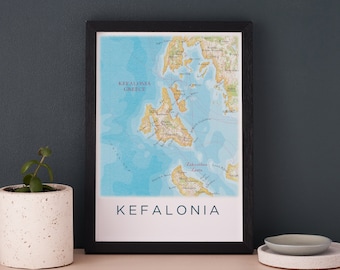FRAMED Kefalonia Map Print Poster, Kefalonia Greece Map Gift, Wall ...