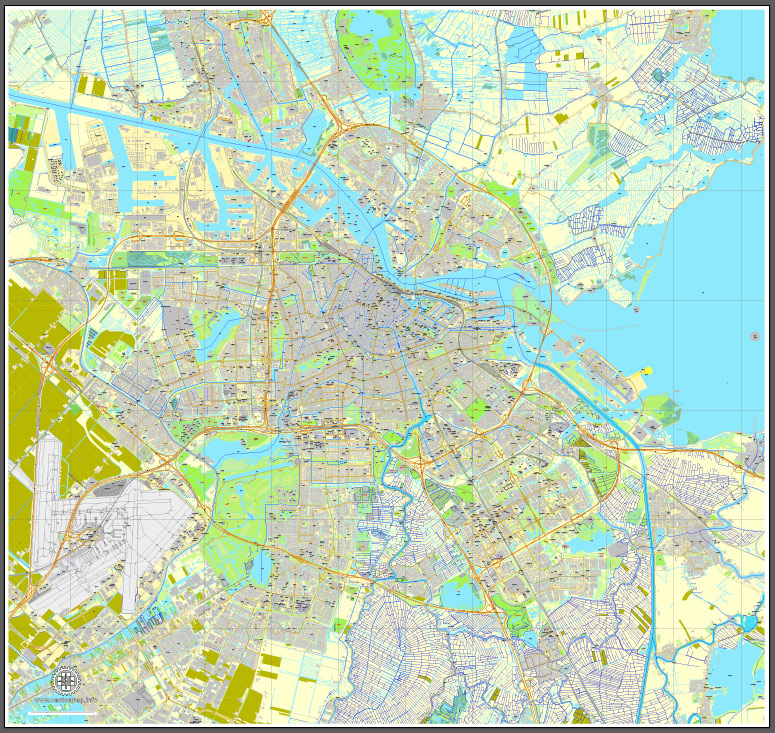 Amsterdam, Netherlands, printable vector street City Plan map ...
