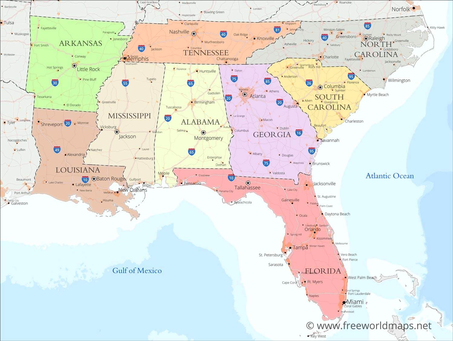 printable map of southeast united states