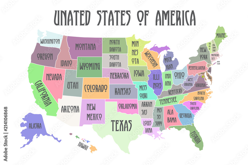 Colored Poster map of United States of America with state names ...