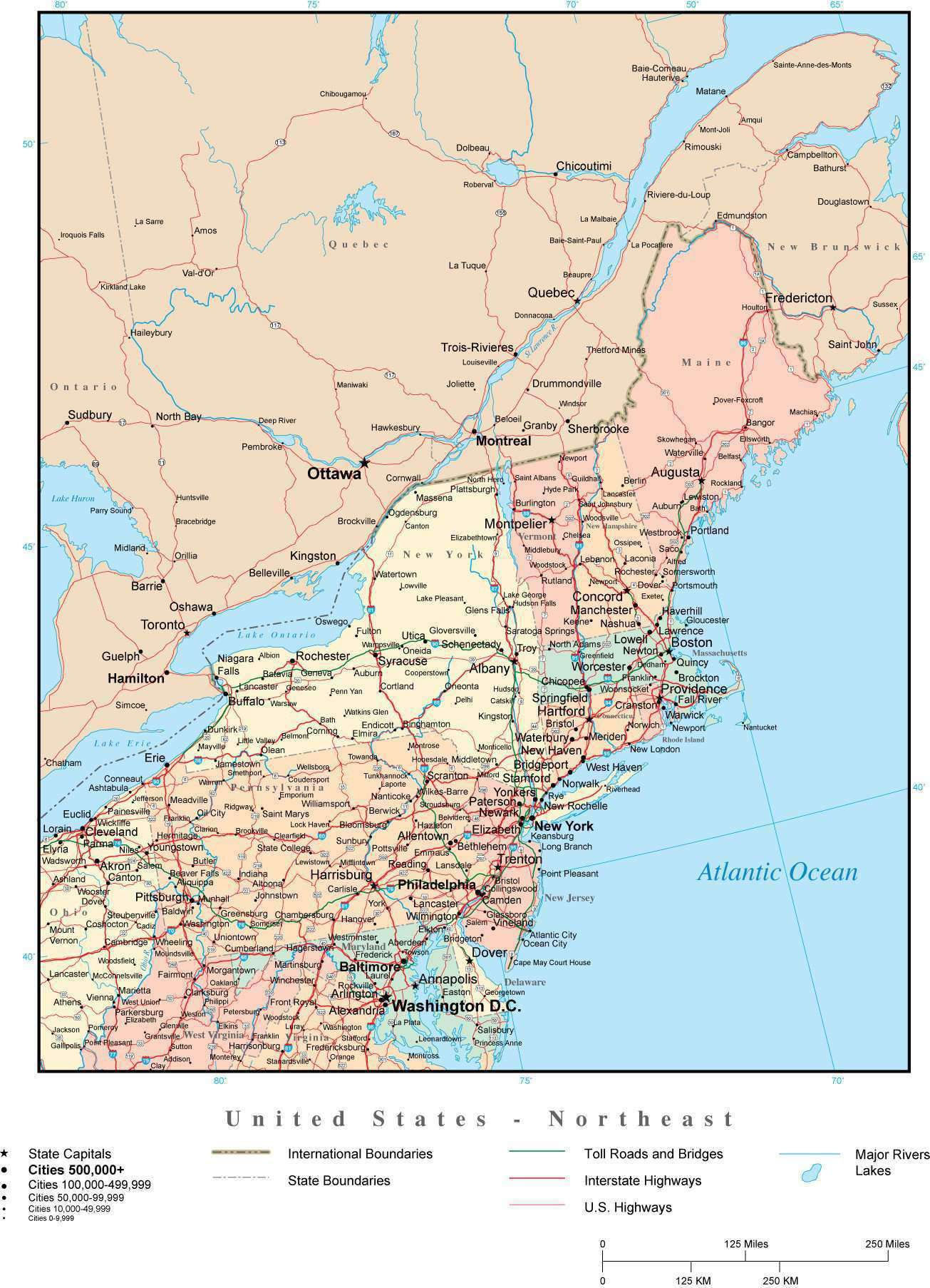 USA Northeast Region Map with State Boundaries, Highways, and ...