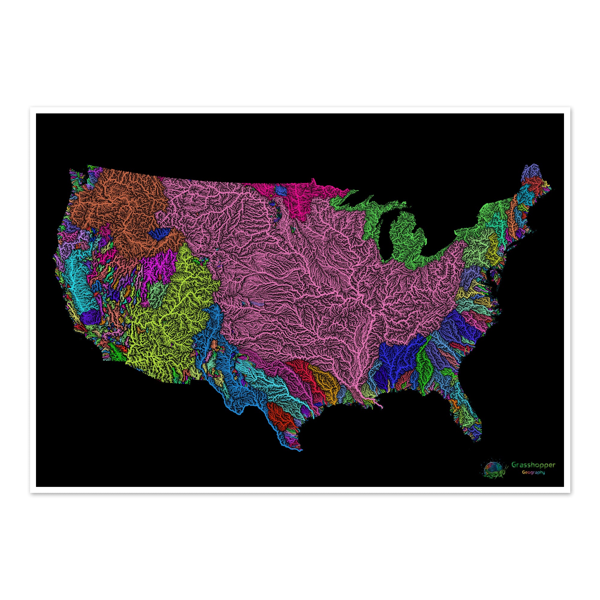 The United States River Basin Map Rainbow On Black Fine Art Print Printable Map Of The United States With Rivers 20 