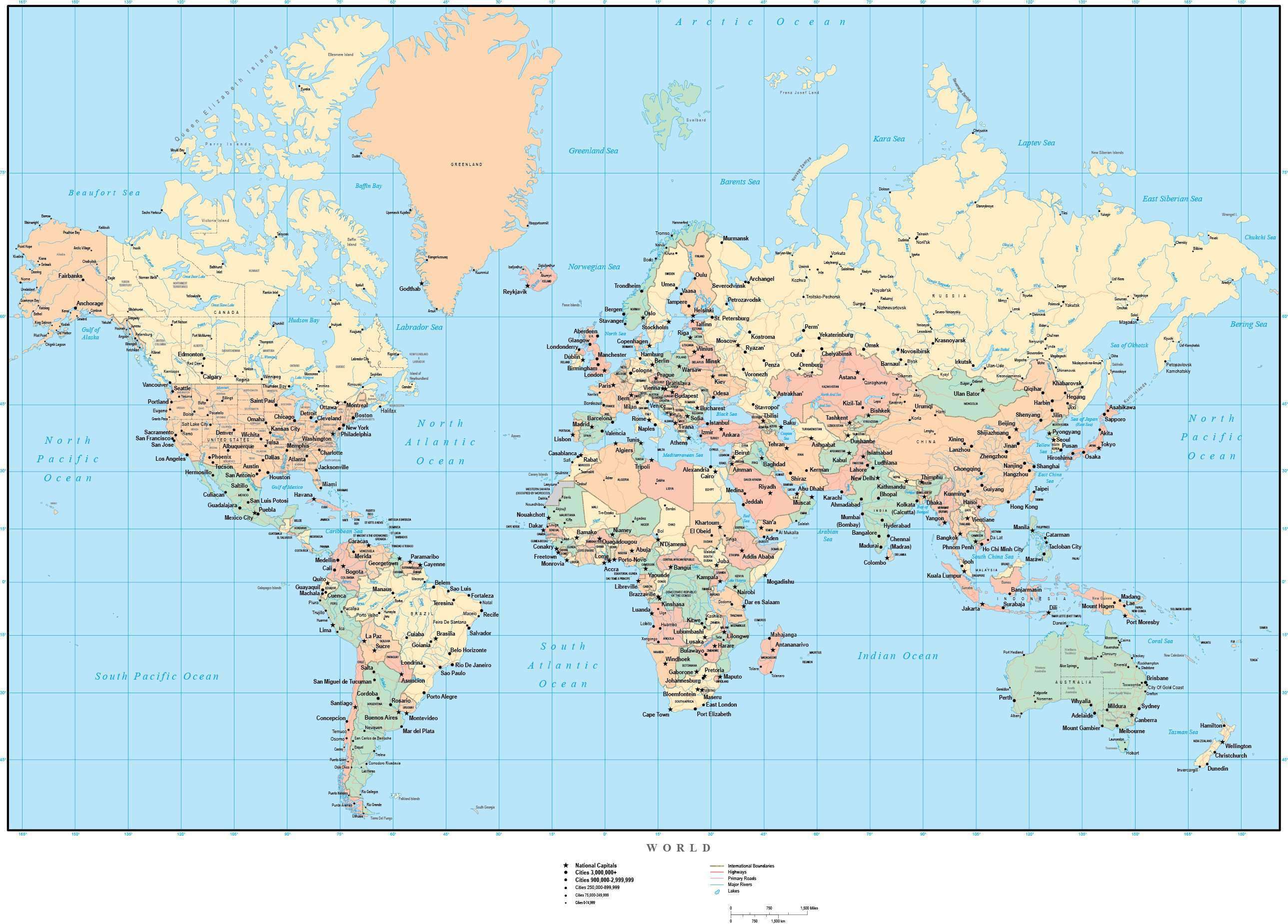 printable map of the world with major cities