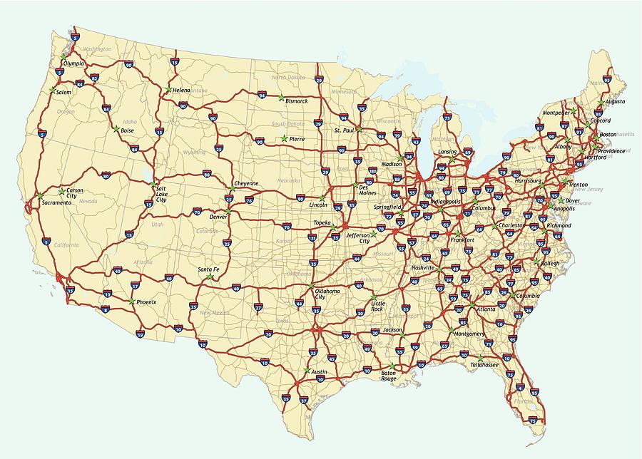 United States Interstate System Highway Map with States and Capitals  Labeled by Cody Cookston