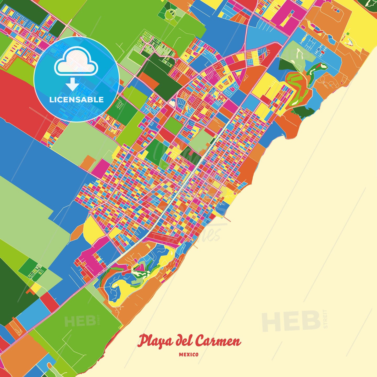 Playa del Carmen, Quintana Roo, Mexico Crazy Colorful Street Map Poster  Template