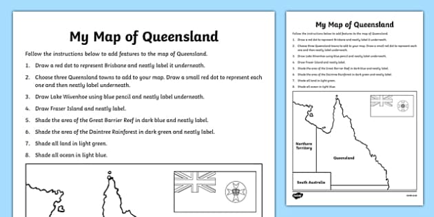 My Map of Queensland Australia Worksheet (teacher made)