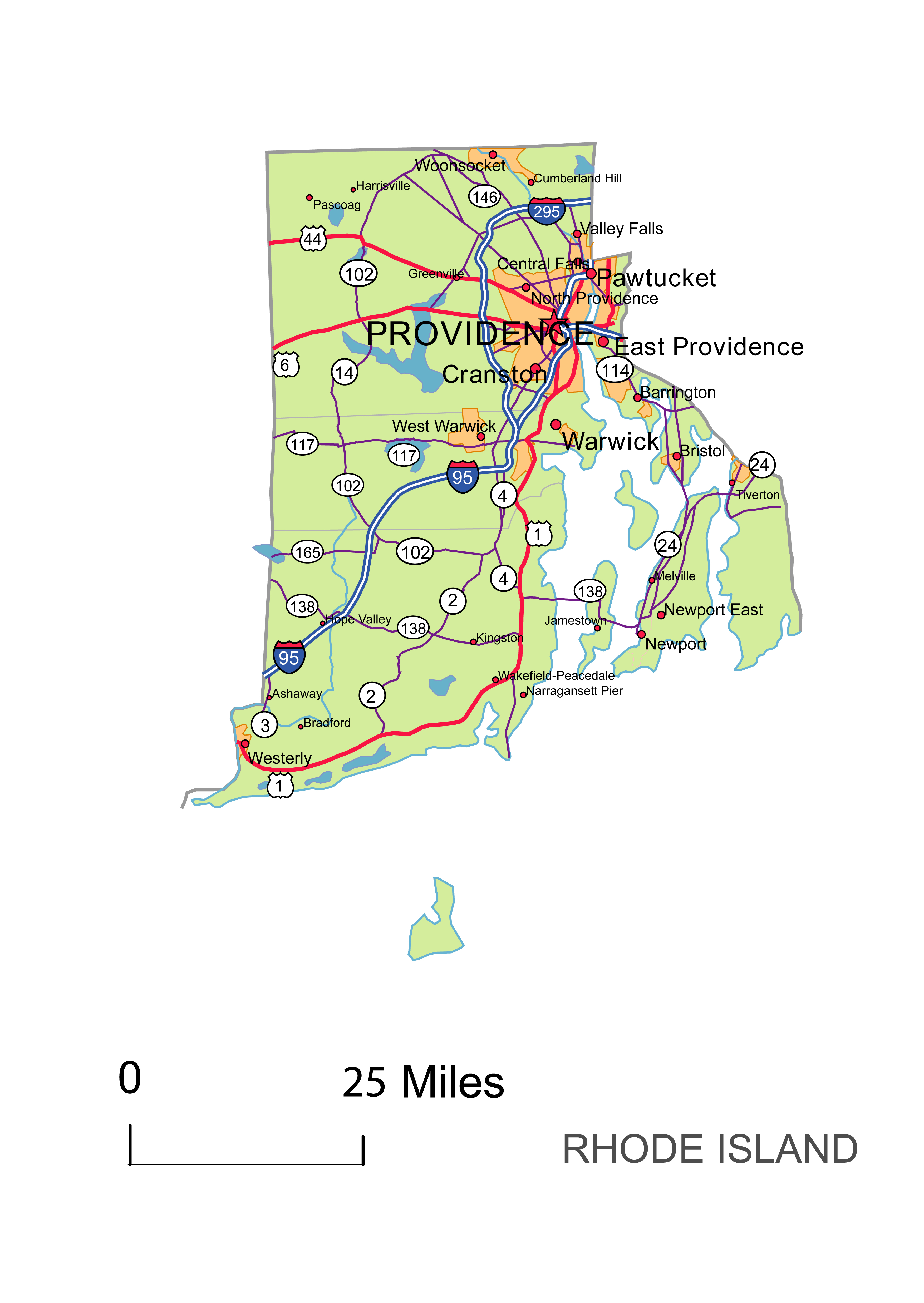 Preview of Rhode Island State vector road map.