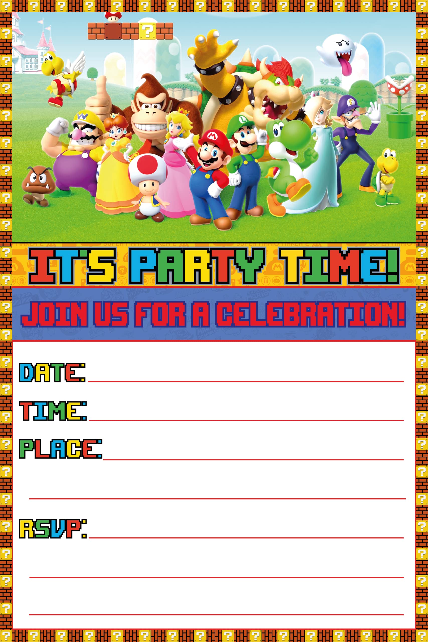 30 x Super Mario Birthday Invitations and Envelopes - Fill in Happy  Birthday Party Invitations for Children, 6 x 4 Inches, Postcard Style
