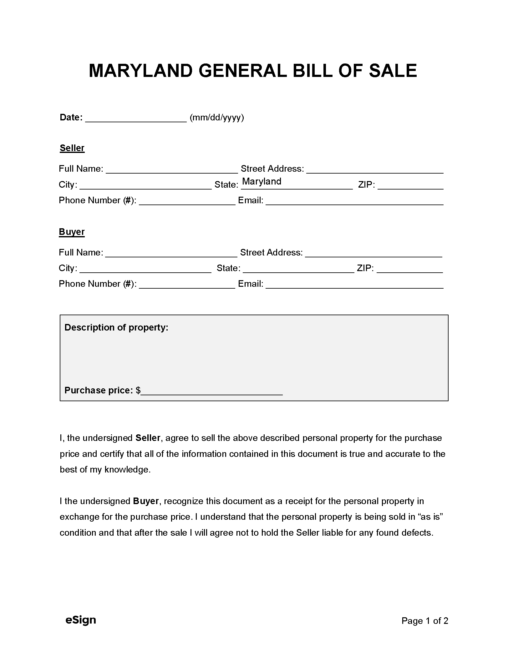 Free Maryland General Bill of Sale Form | PDF | Word