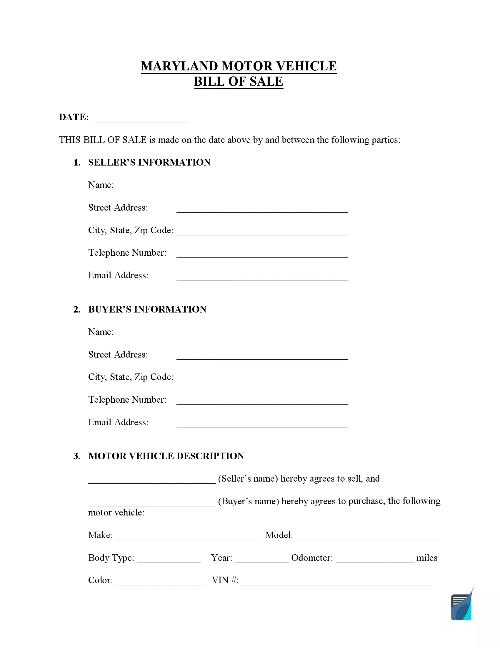 Free Maryland Bill of Sale Forms (PDF) | FormsPal