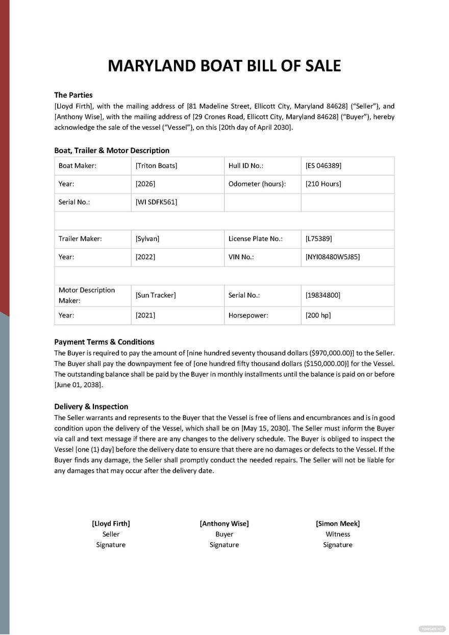 DMV Bill of Sale Maryland- Standard Form Template