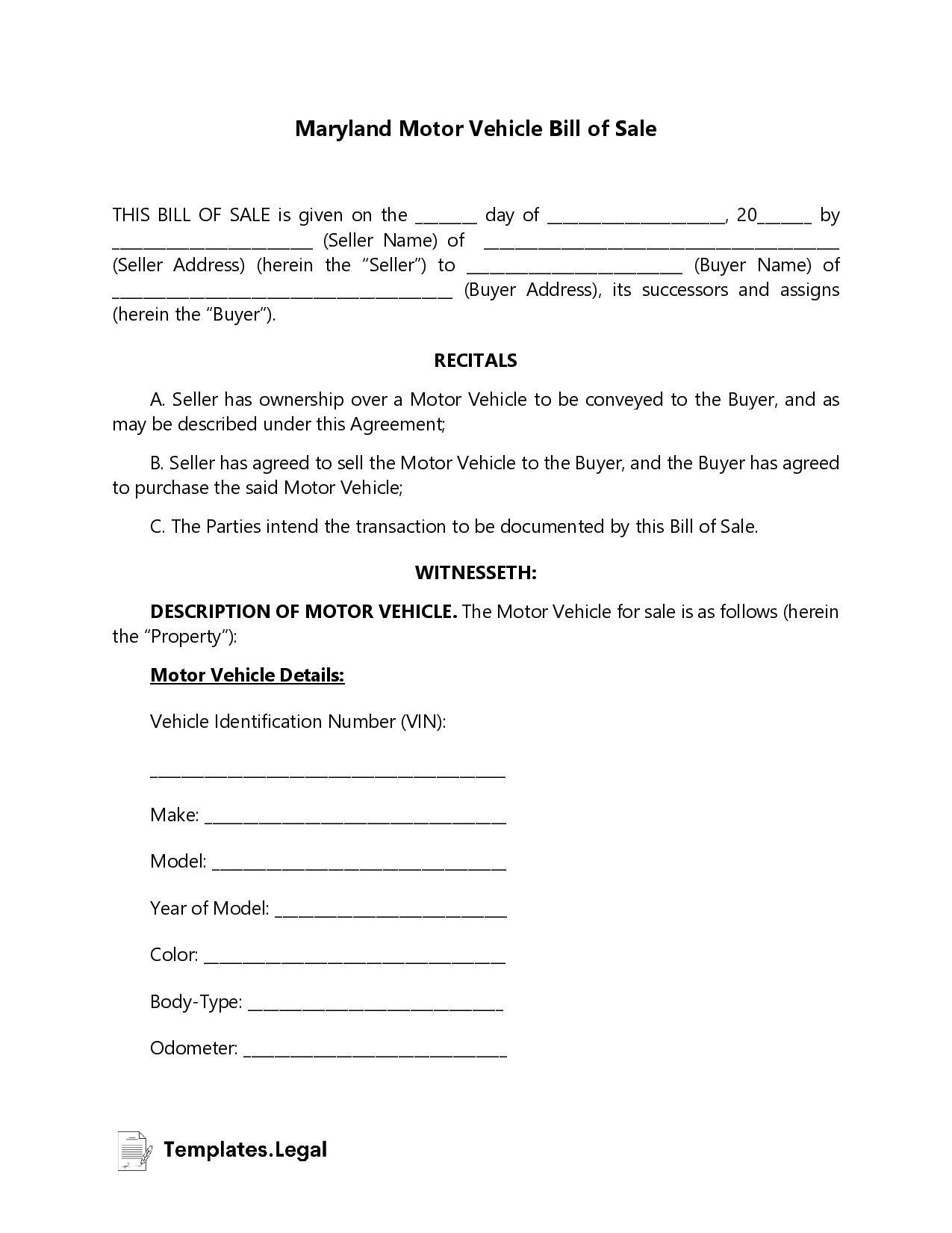 printable maryland bill of sale