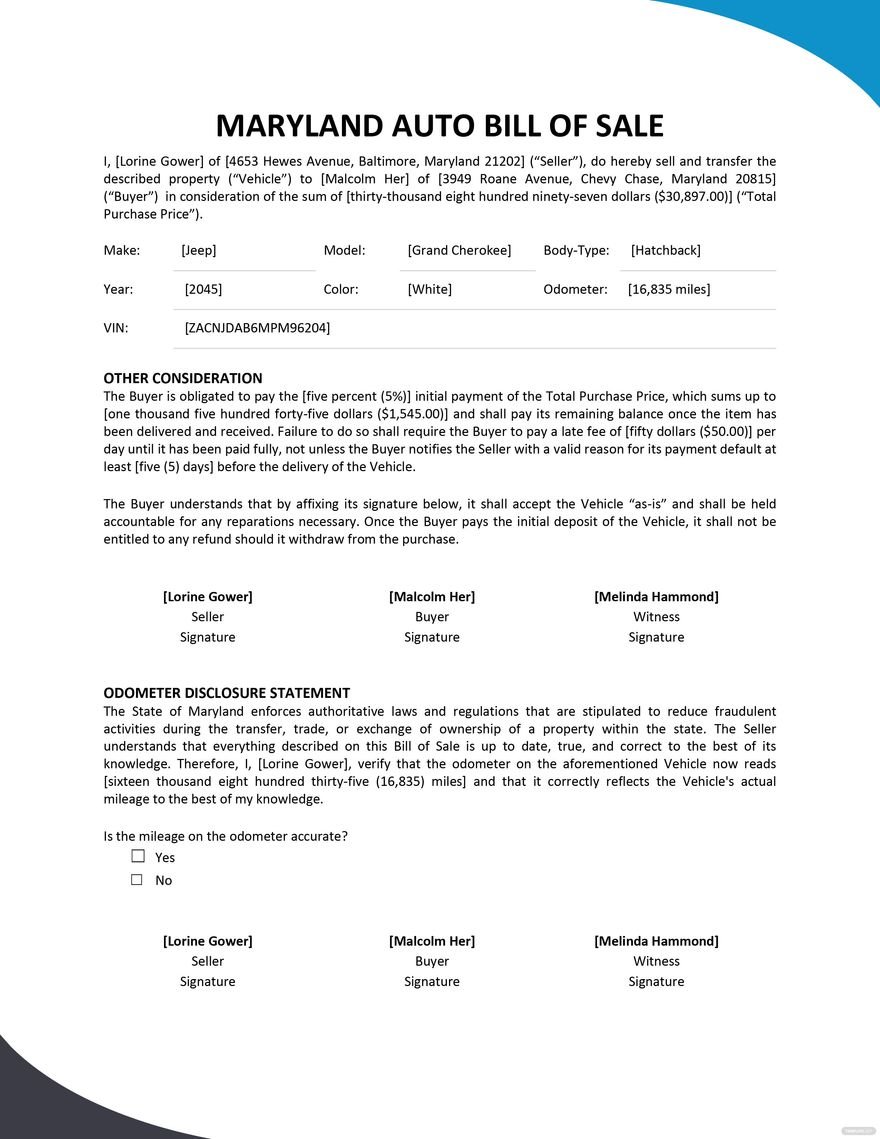 printable maryland bill of sale