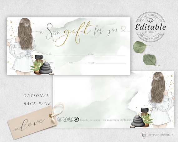 Spa Day Gift Voucher Certificate Template, DIY Gift Certificate ...