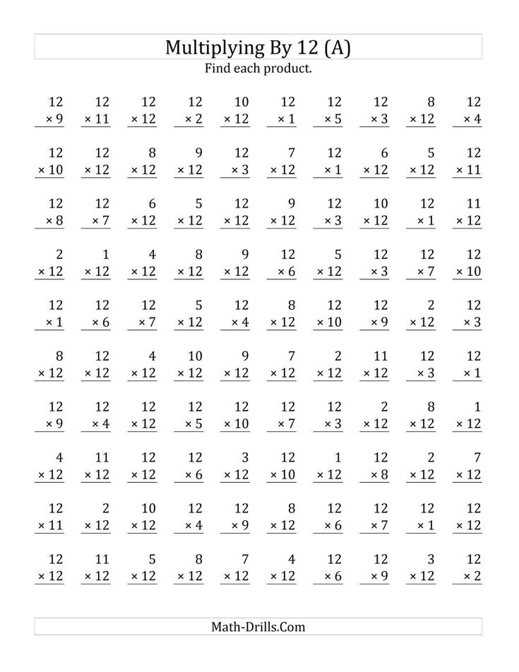 The Multiplying 1 to 12 by 12 (A) Math Worksheet from the ...