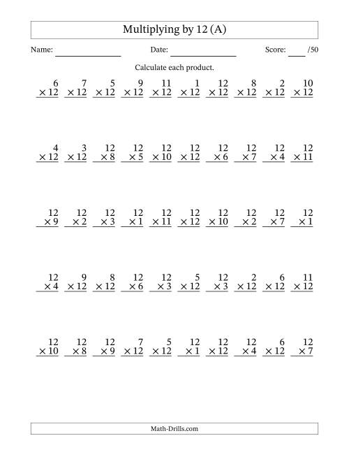 Multiplying (1 to 12) by 12 (50 Questions) (A)