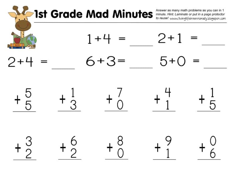 FREE 1st Grade Printable Math Worksheets &  First Grade Mad Minutes!