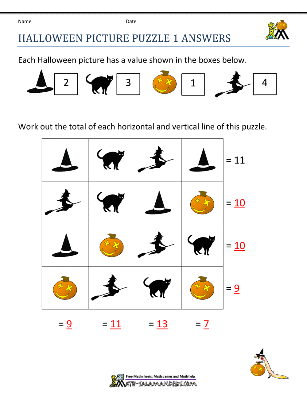 Free Halloween Math Worksheets