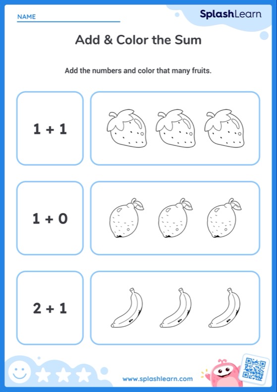 Add and Color Fruits (Within 3) — Printable Math Worksheet