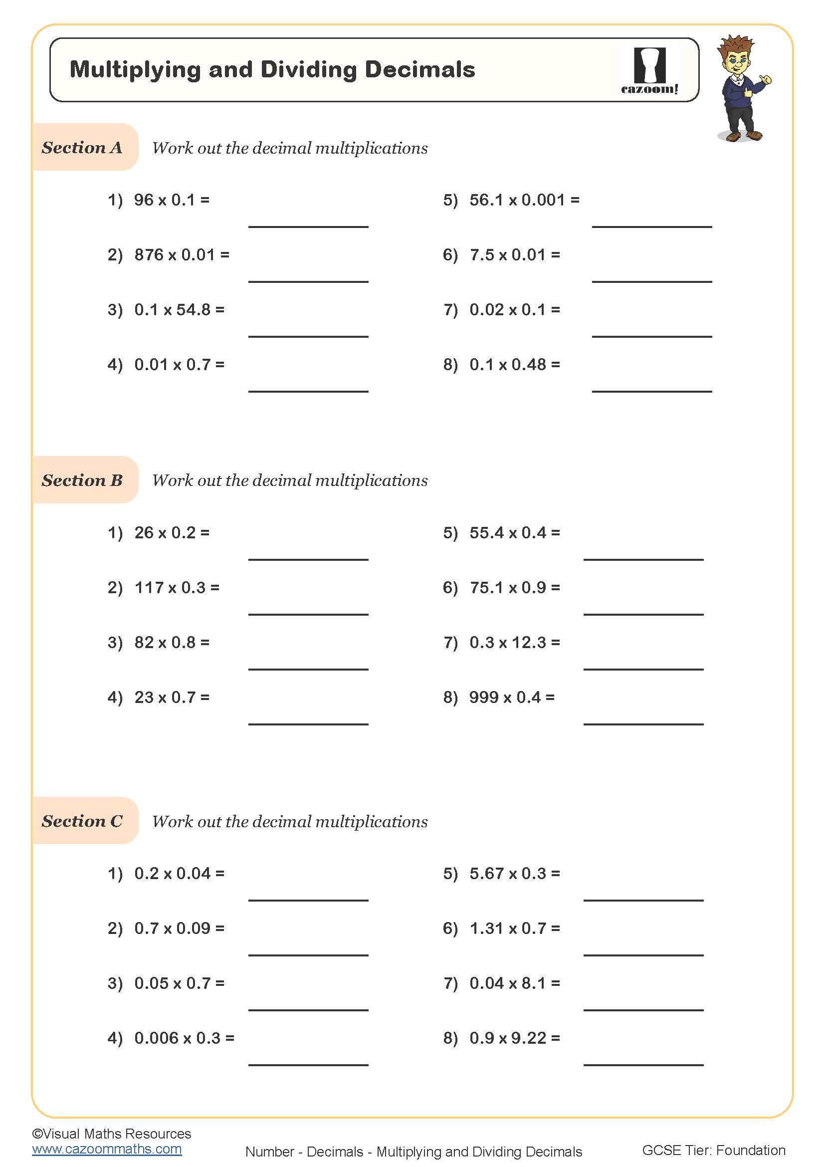 Multiplying and Dividing Decimals Worksheet | Cazoom Maths Worksheets