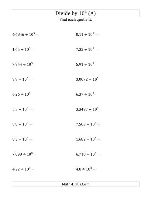 Dividing Decimals by 10<sup>3</sup> (A)