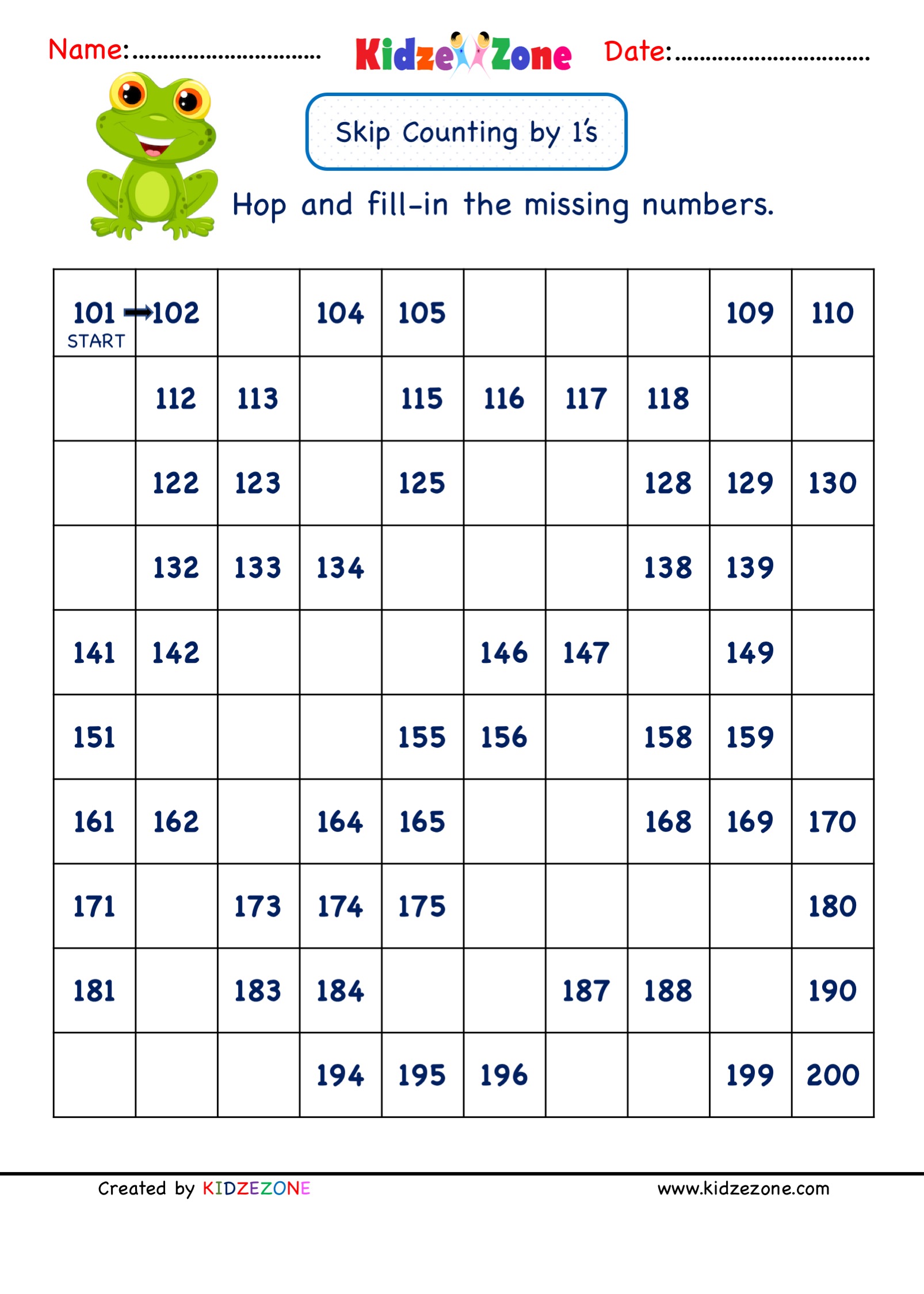 Grade 1 Math Number worksheets - Skip Counting by 1