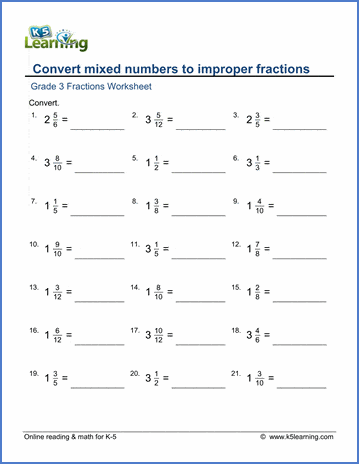 Grade 3 Math Worksheet: Convert mixed numbers to improper ...