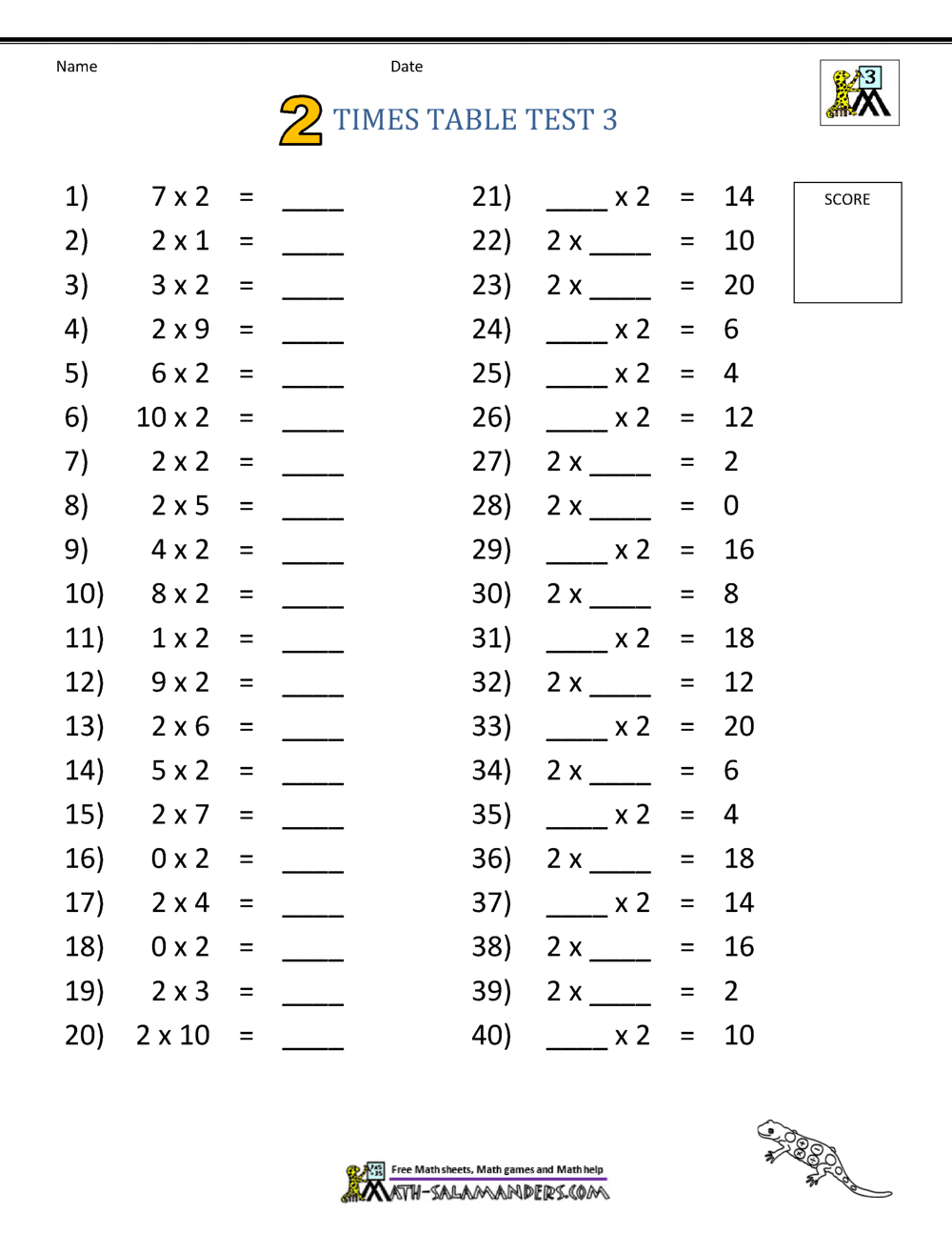 Printable Times Tables - 2 Times Table Sheets