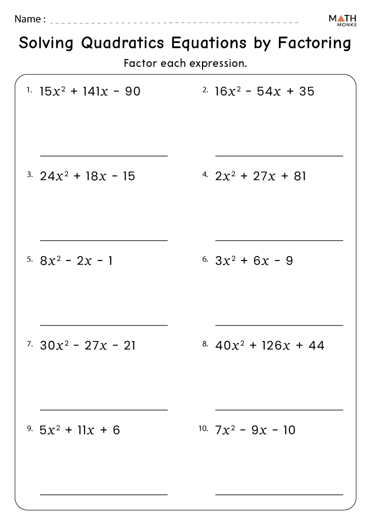 printable math worksheets factoring quadratic expressions