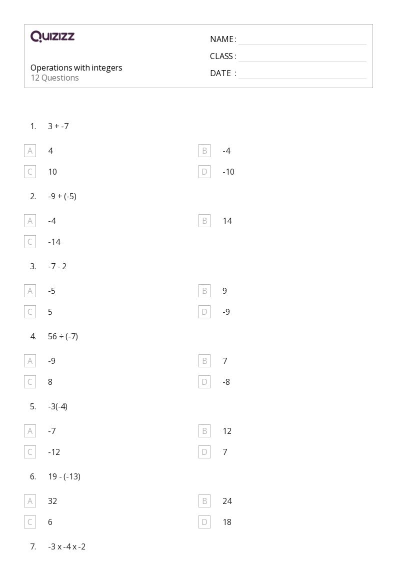 50+ Operations With Integers worksheets for 7th Year on Quizizz ...