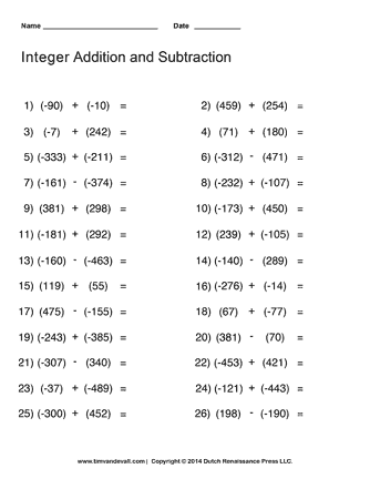 Adding and Subtracting Integers Worksheet | Math Printables