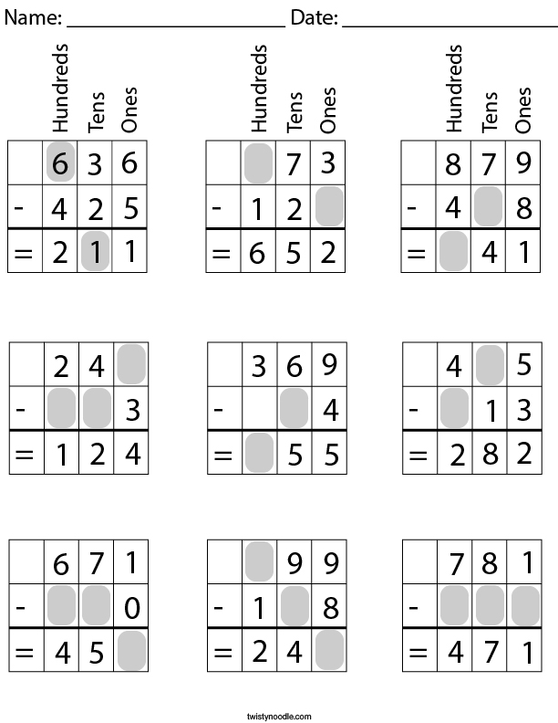 3 Digit Subtraction- Fill in the Missing Numbers Math Worksheet ...