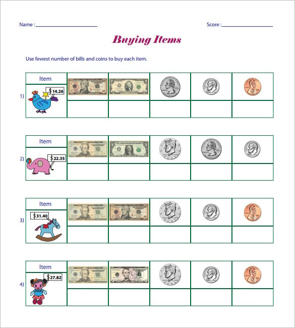 printable math worksheets money