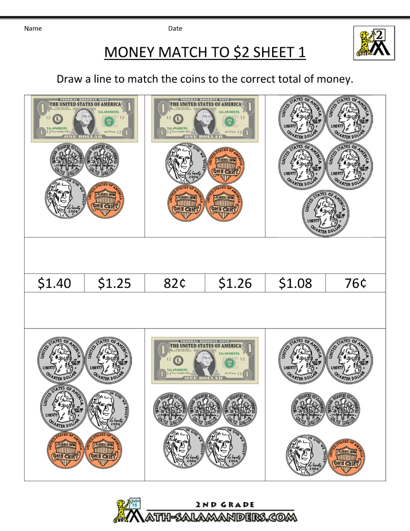 2nd Grade Money Worksheets up to $2