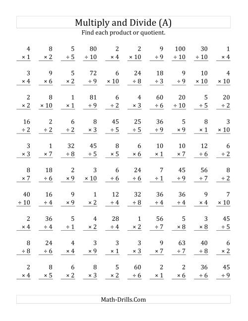 Multiplying and Dividing with Facts From 1 to 10 (A)