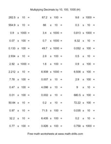 Multiplying Decimals by 10, 100, 1000 (H) Worksheet for 4th - 6th ...