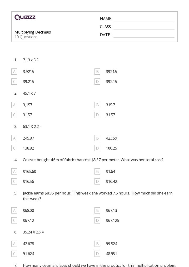 50+ Multiplying Decimals worksheets for 7th Year on Quizizz | Free ...