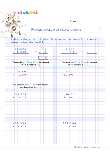 Printable Grade 5 math worksheets with answers: Multiplying decimal