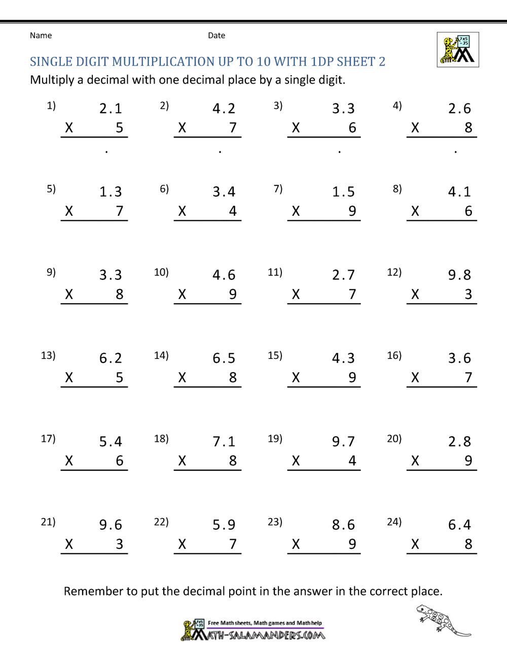 printable math worksheets multiplying decimals