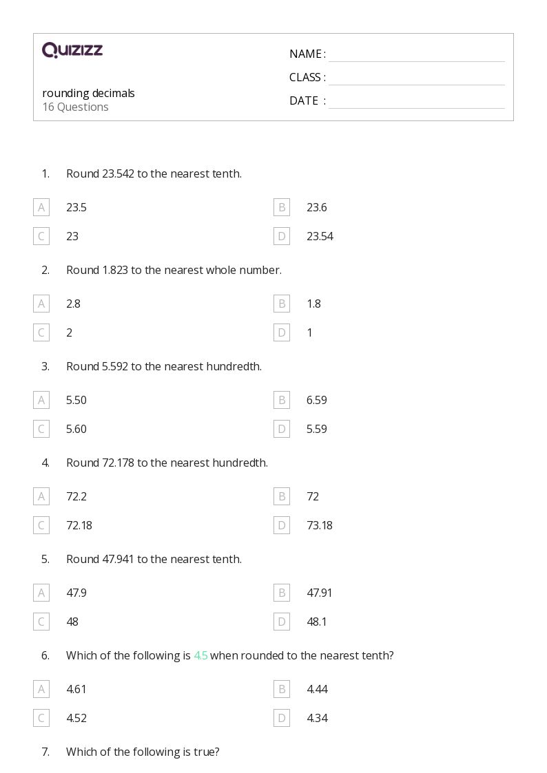 50+ Rounding Decimals worksheets for 7th Class on Quizizz | Free ...