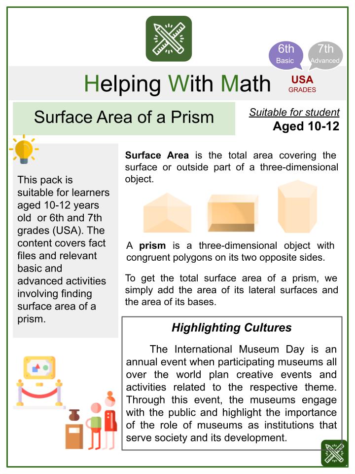 Surface Area of a Prism International Museum Day Math Worksheets