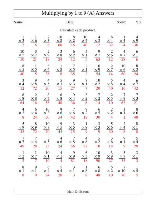 Multiplying (1 to 10) by 1 to 9 (100 Questions) (A)