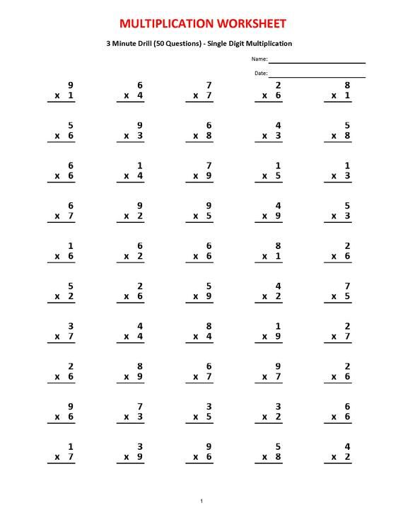 Multiplication 3 minute drill V (10 Math Worksheets with answers ...