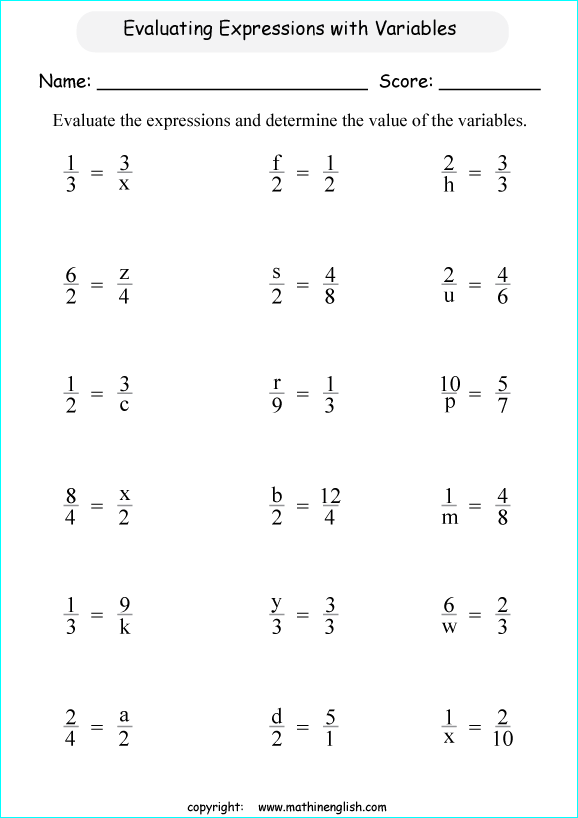 printable math worksheets with variables