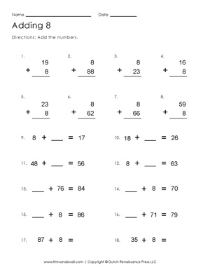 Adding 8 Worksheet - Tims Printables