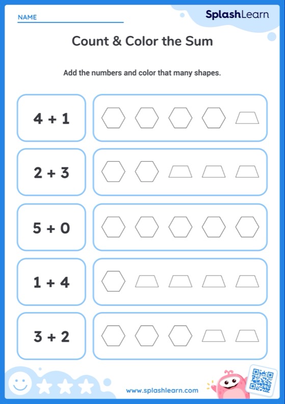 Color Shapes (Sum 5) — Printable Math Worksheet