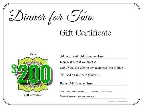Dinner for two Gift certificate templates